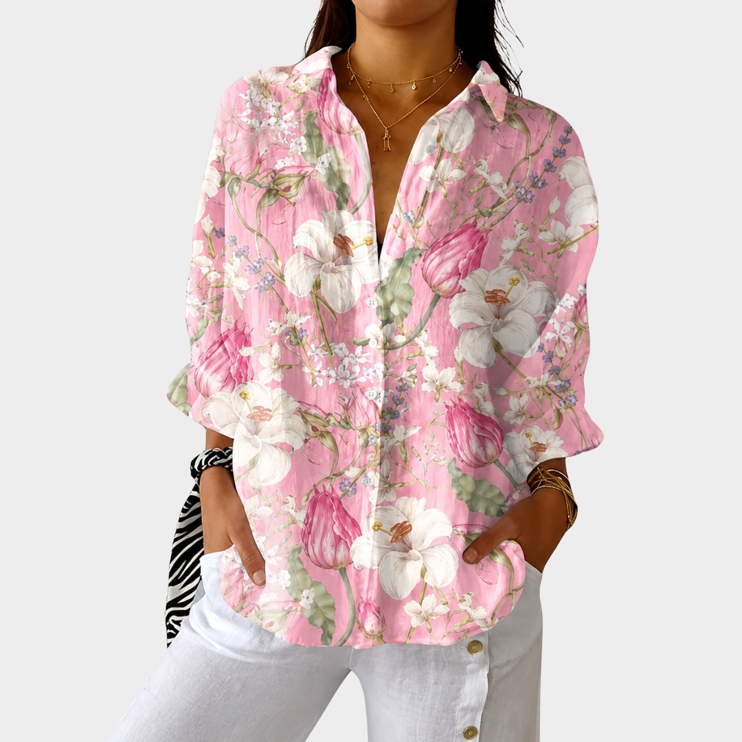 Letvægtig farverig bluse med mønsterprint