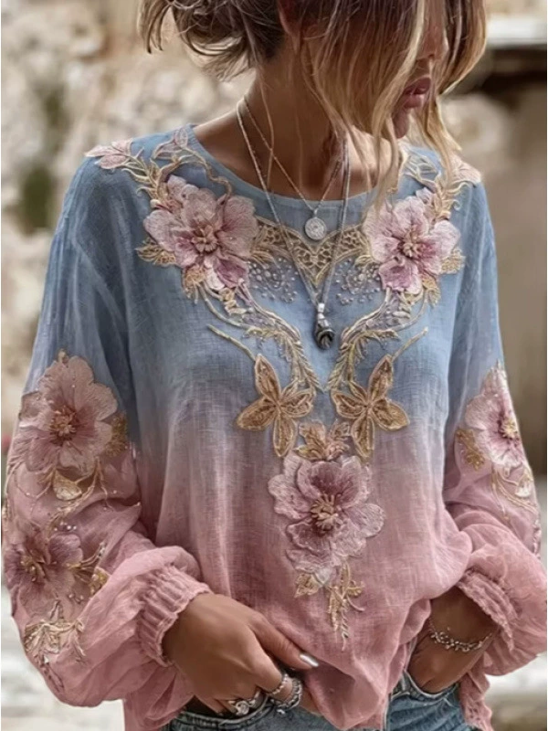 Aurora™ | Ombre-bluse med gyldent blomsterbroderi