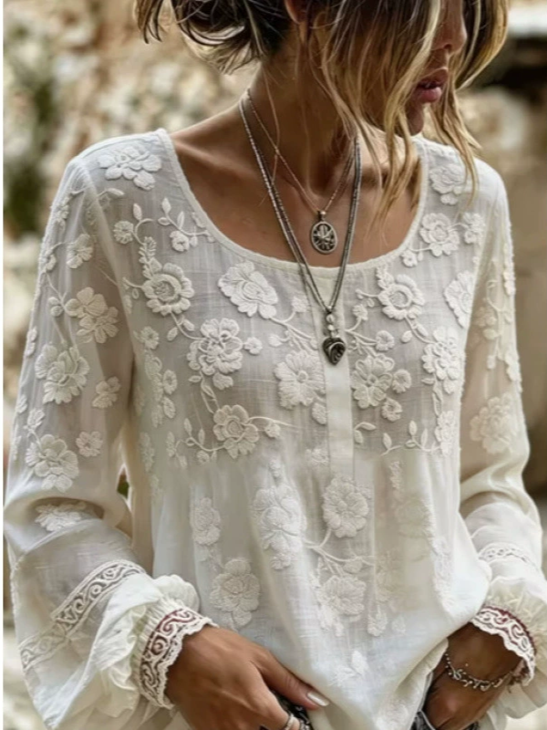 Elodie™ | Hvid blondebroderet bluse