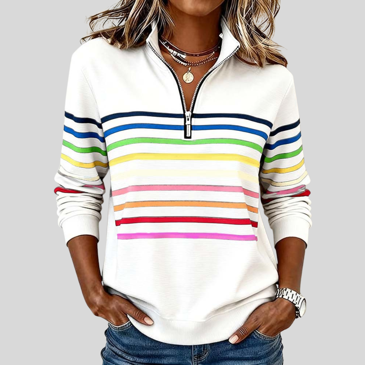 Maggie ™ | Farvestribet sweatshirt med kvartlynlås