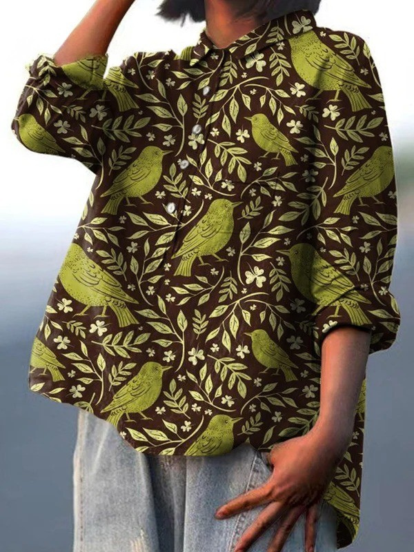 Nora | Casual skjorte med vintage blomster- og fugleprint