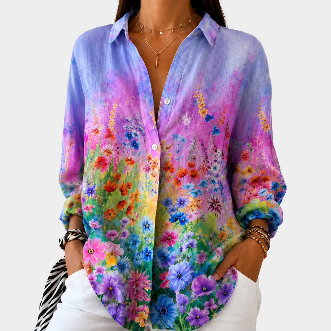 Solnedgangshave med vilde blomster – Bluse