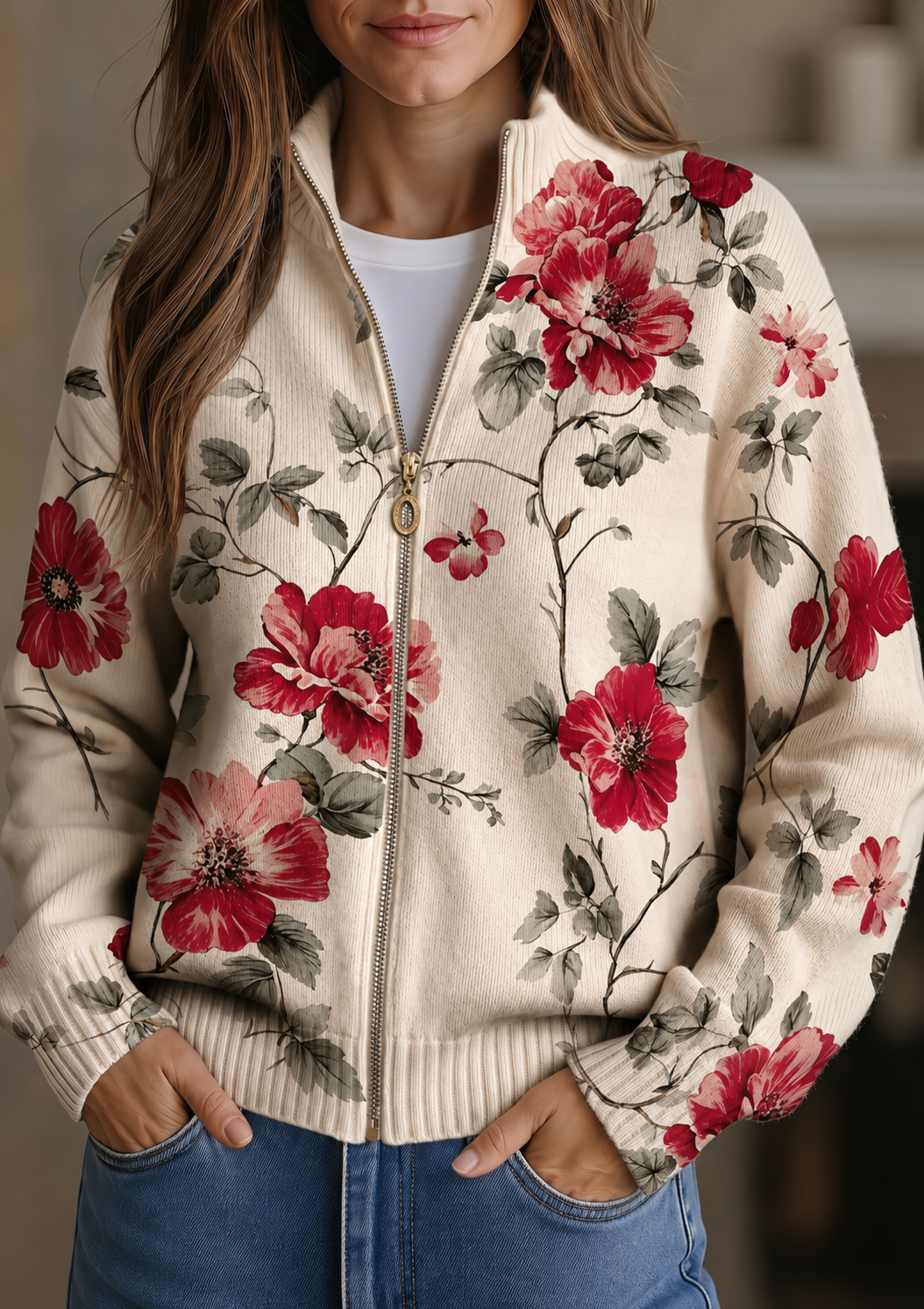 Wilhelmine™ | Cardigan med vintage rosenprint og lynlås