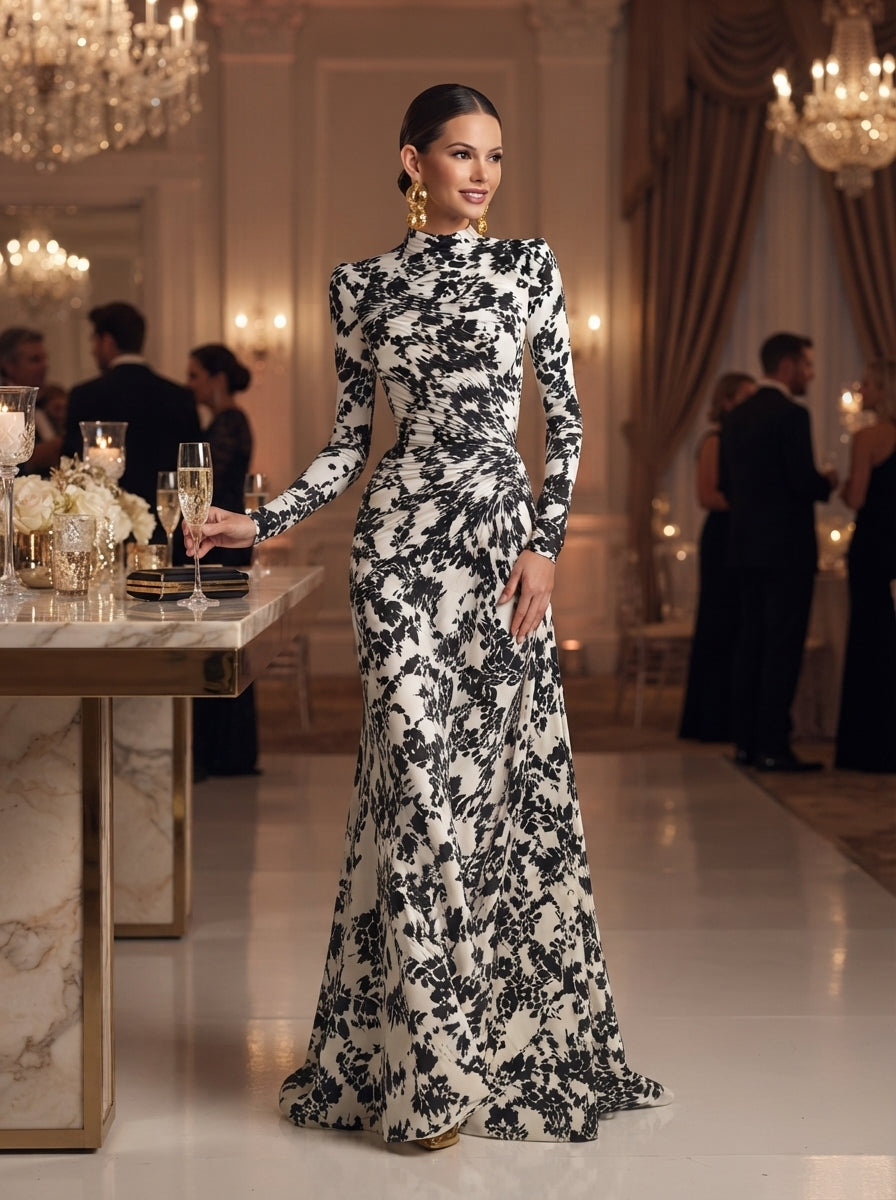 Elegant maxikjole med sort-hvidt blomstermønster