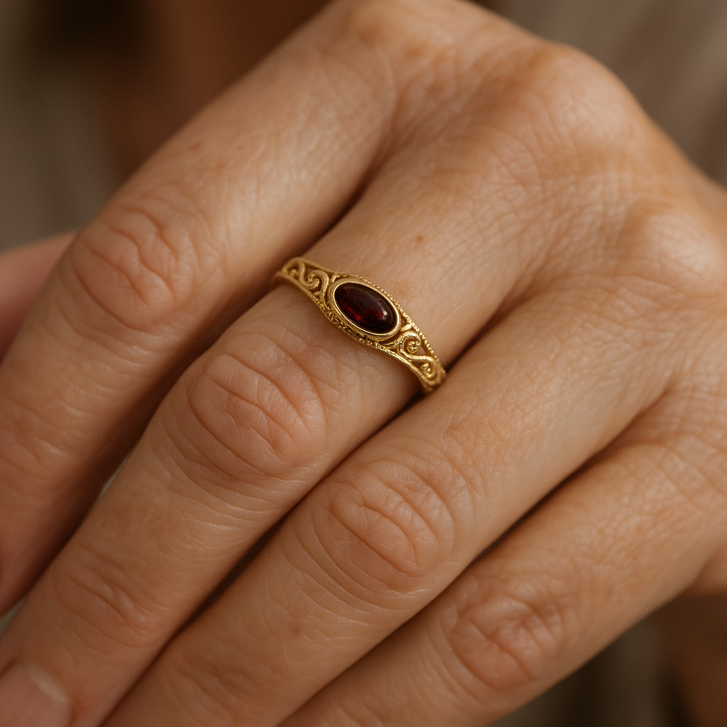 Gylden vintage-ring med rød krystal