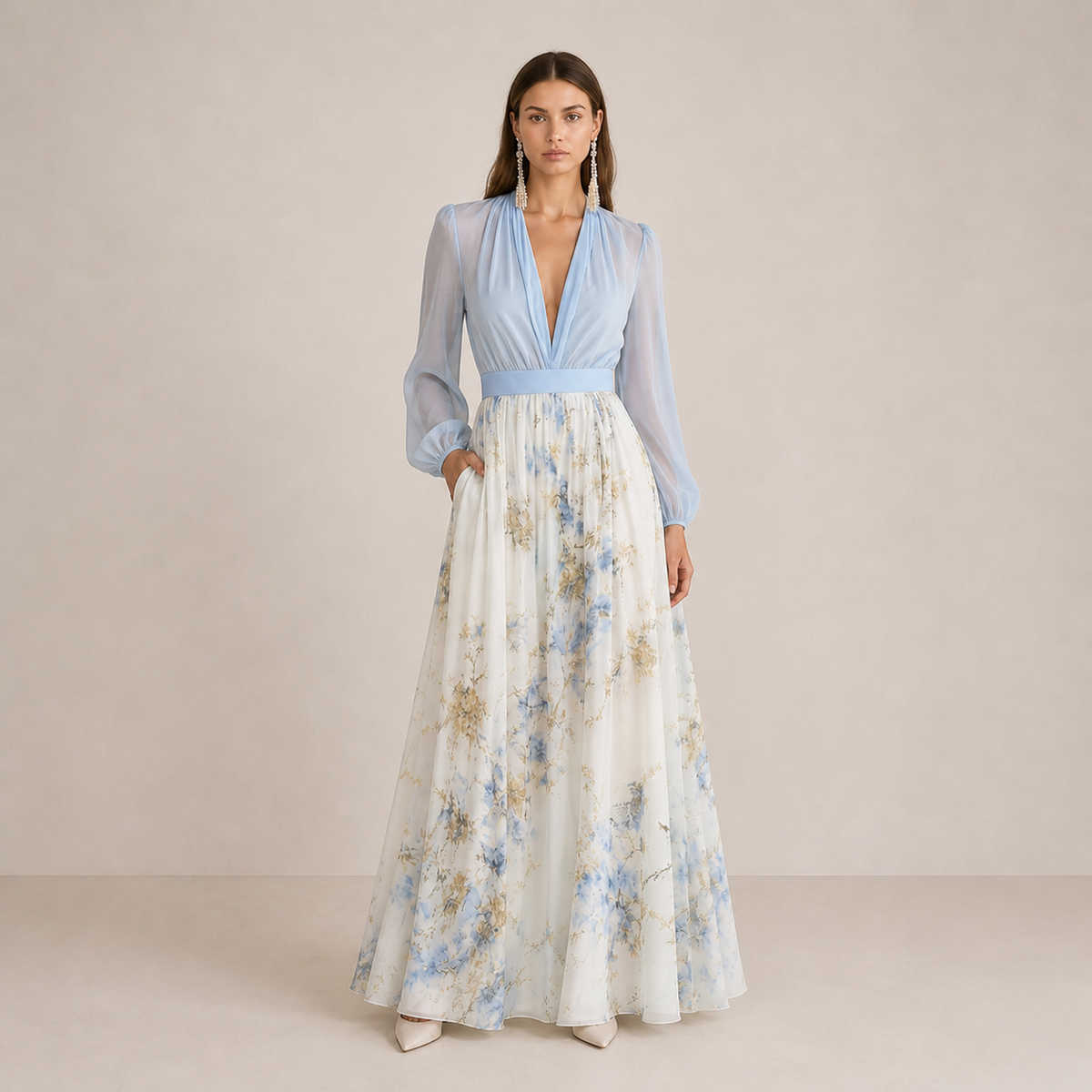 Cecelia | Maxikjole i chiffon med blomstermønster