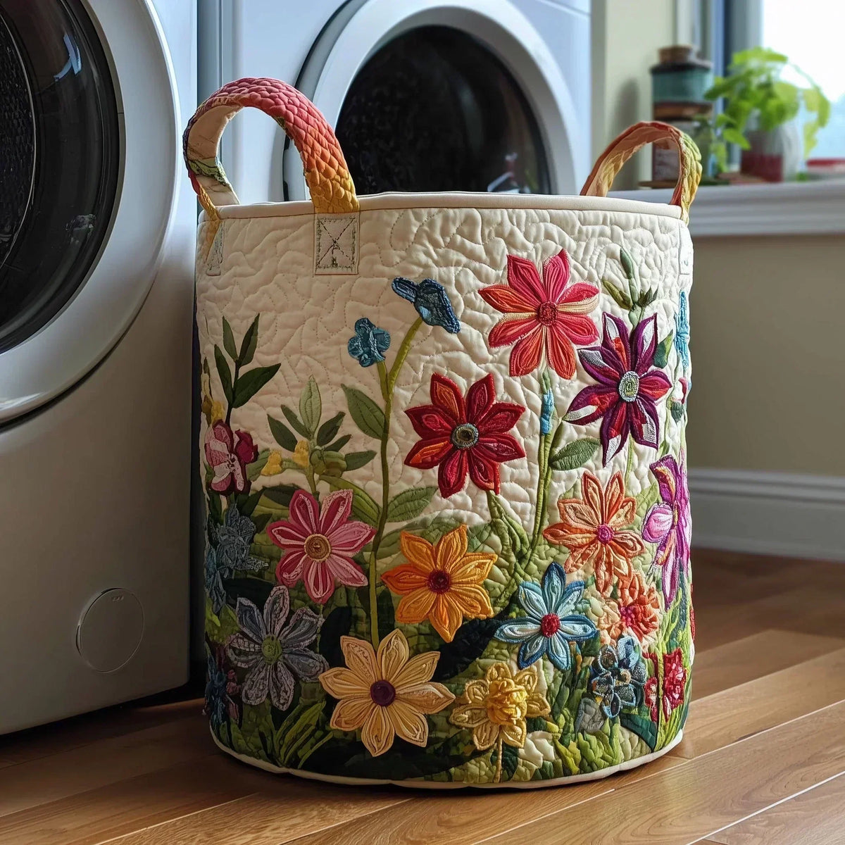 Polstret kurv med farverig blomstermark