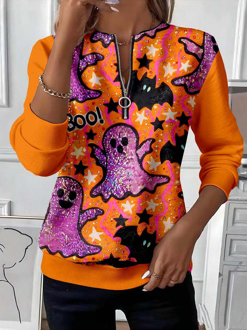 Liva – Halloween-sweatshirt med lynlås og glitrende spøgelser