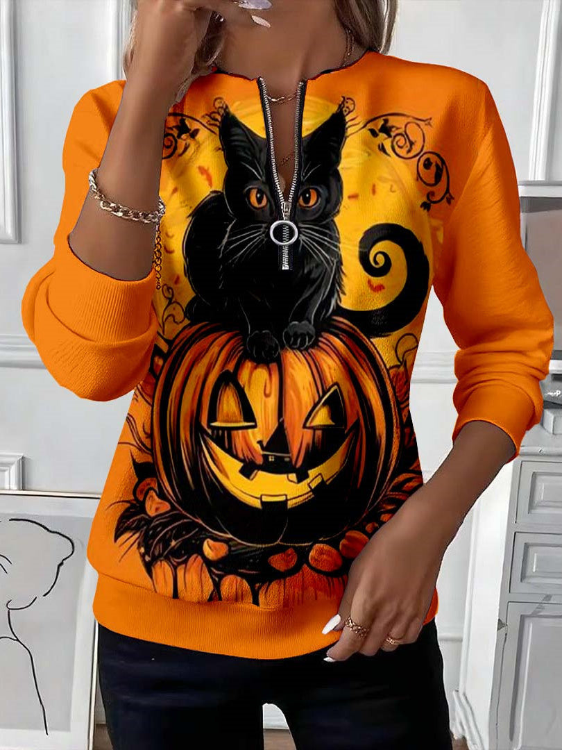 Olivia – Halloween-sweatshirt med lynlås, sort kat og græskar
