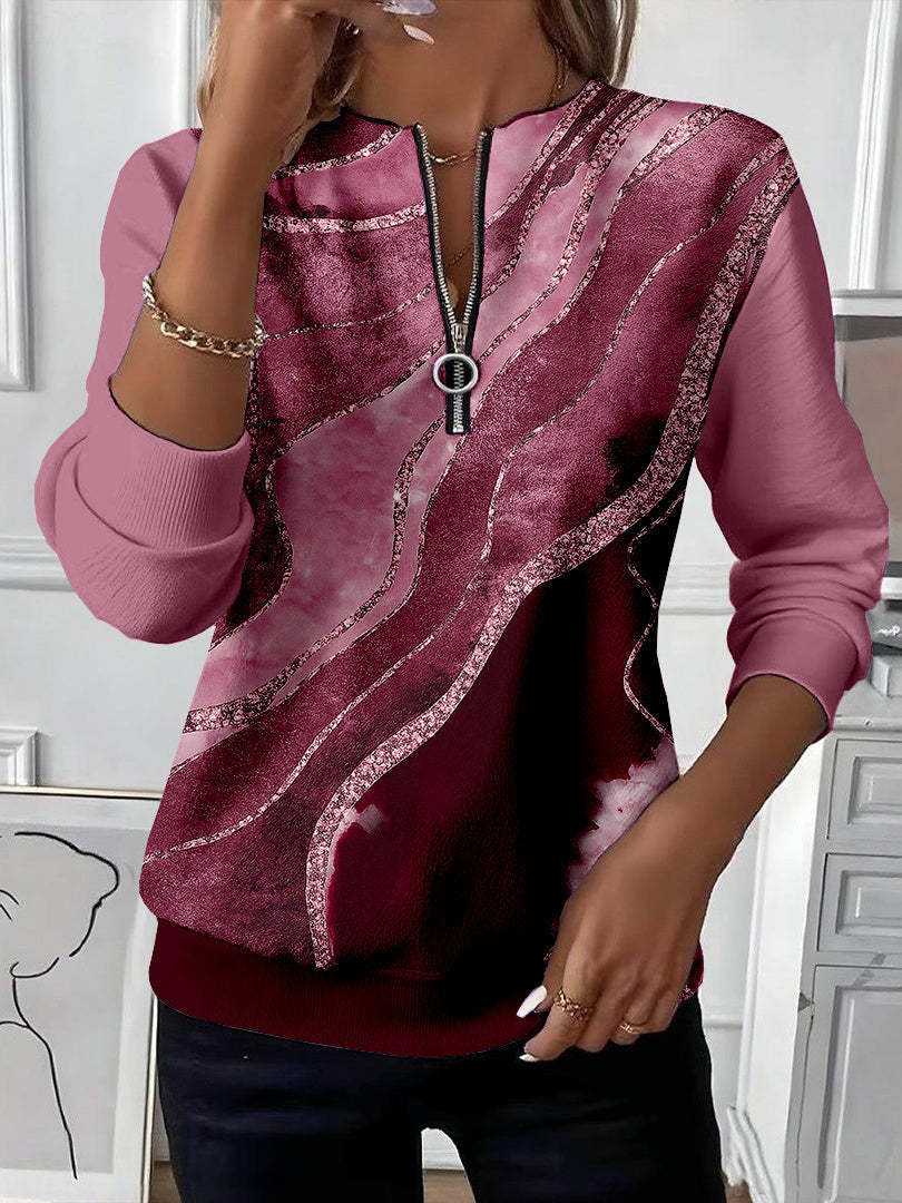 Ida – Sweatshirt med lynlås og rosa bølgemønster med glimmer
