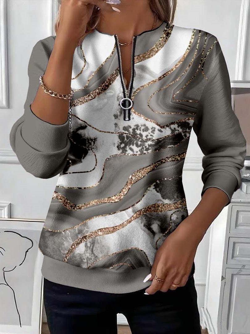 Marie – Sweatshirt med lynlås og marmormønster med guldglimmer