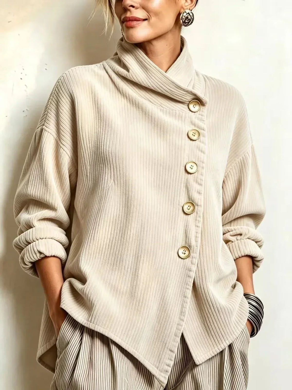 Olivia | Fløjlsbluse med skrå knaplukning – Creme