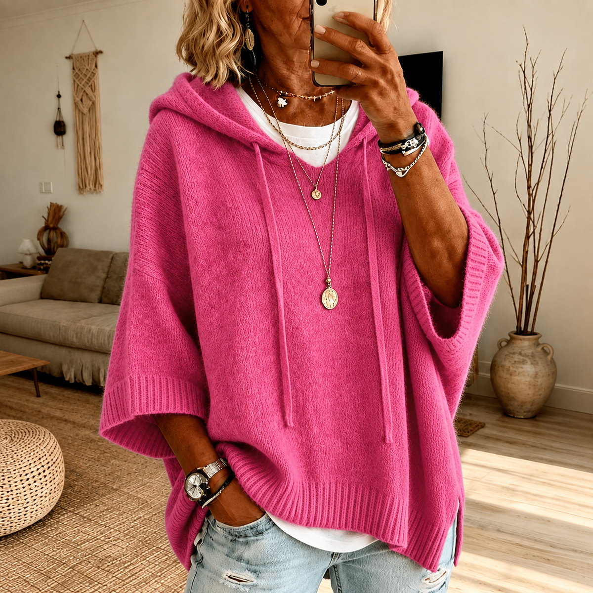 Chloé – Poncho-trøje med hætte i rosa