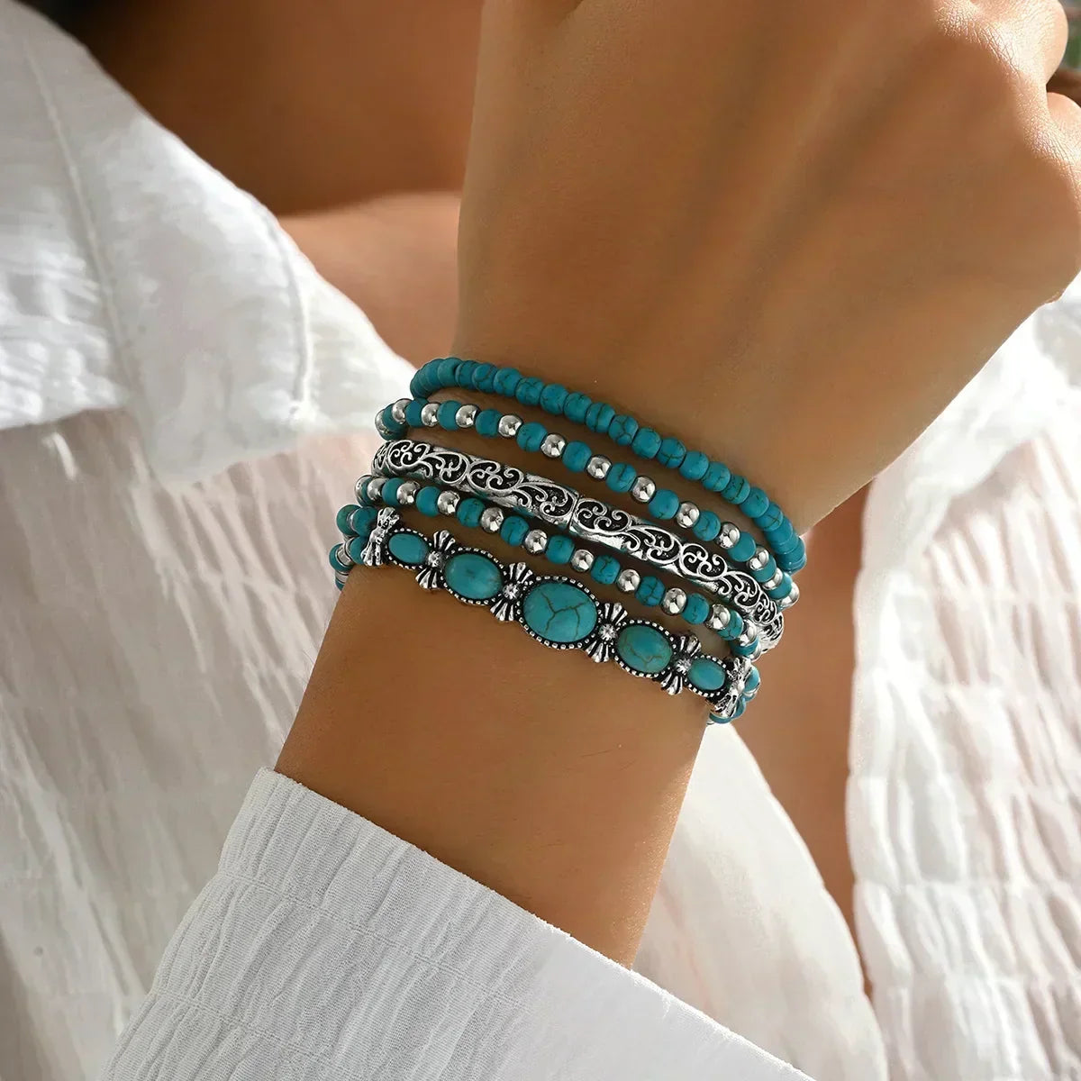 Boheme-armbåndssæt med turkise perler