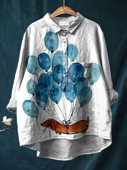 Bowie | Casual bluse med kunstnerisk gravhund- og ballonprint