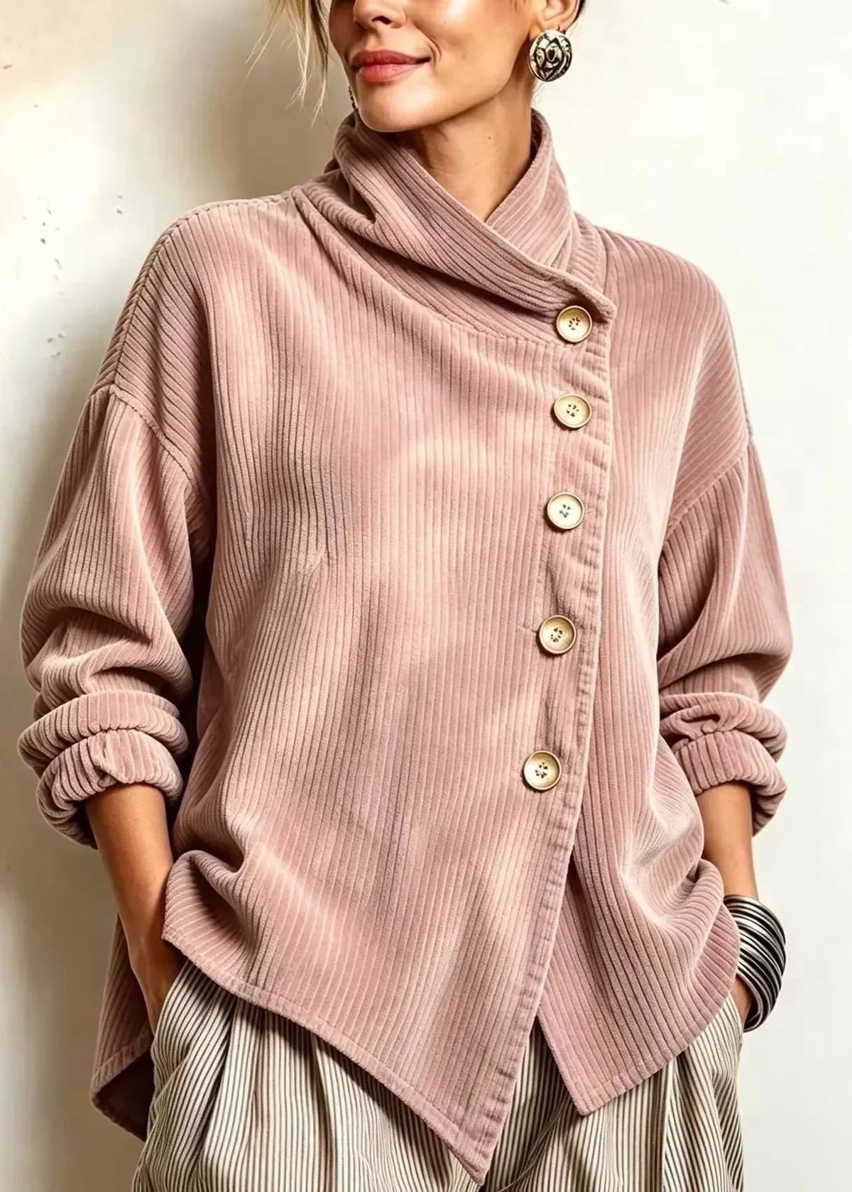Olivia | Fløjlsbluse med skrå knaplukning – Støvet rosa