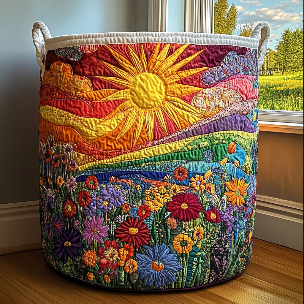 Polstret kurv med sol over bakker og blomster