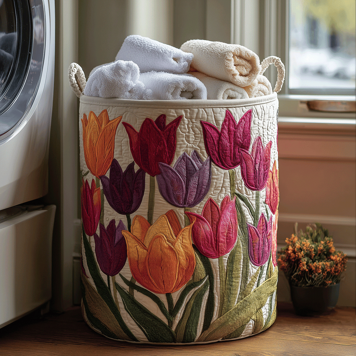 Polstret kurv med blomstrende tulipaner