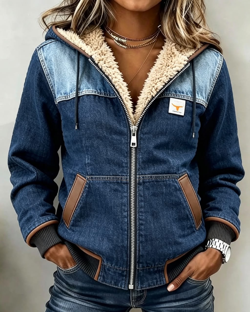 Penelope | Jakke med hætte og sherpa-for – Tofarvet denim