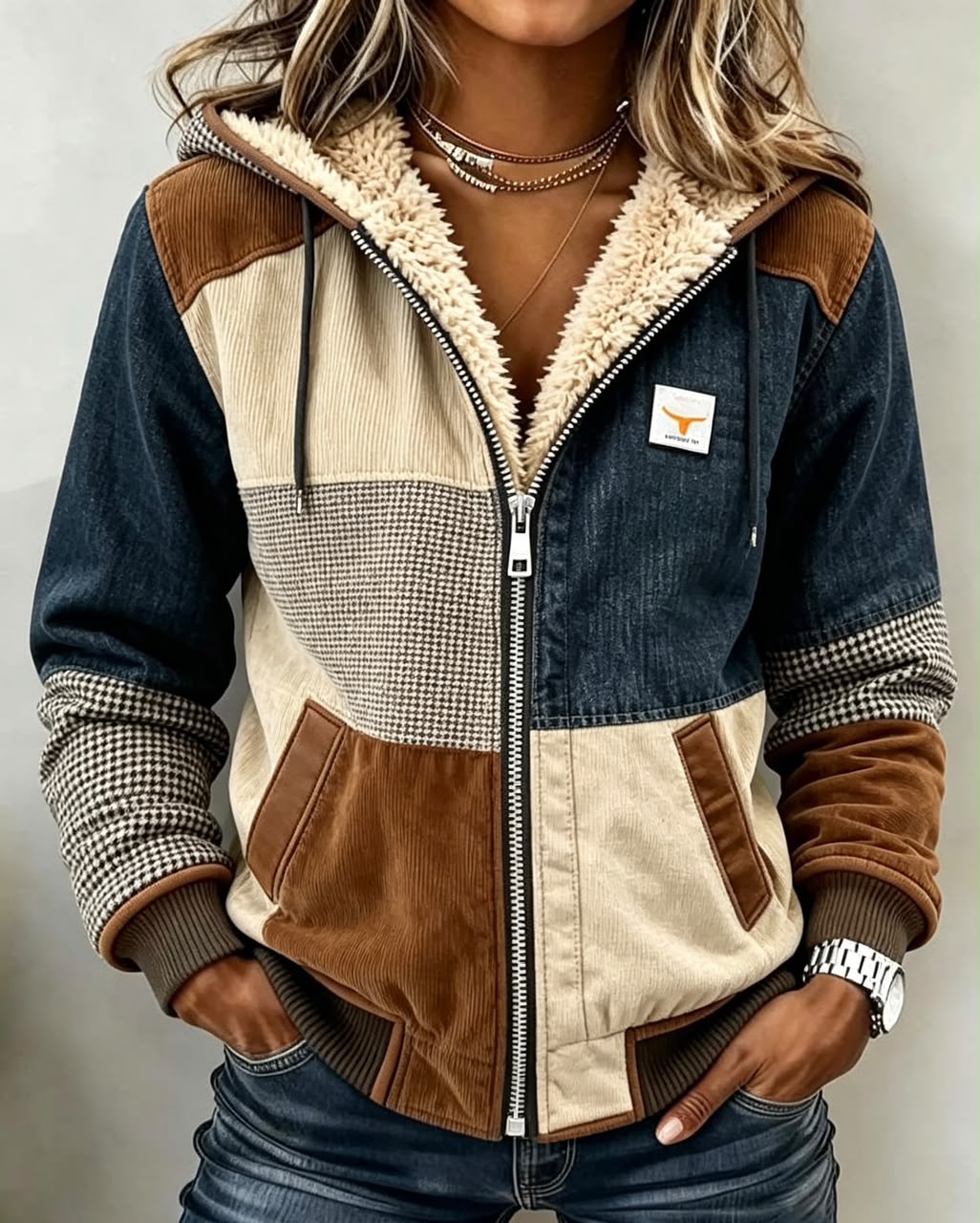 Caroline | Jakke med hætte og sherpa-for – Denim-tweed-patchwork
