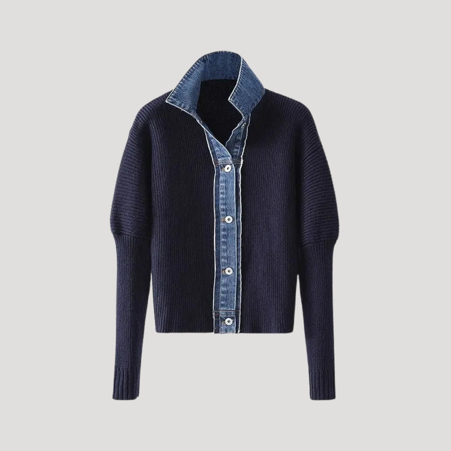 Marineblå strikket cardigan til kvinder med denimkant