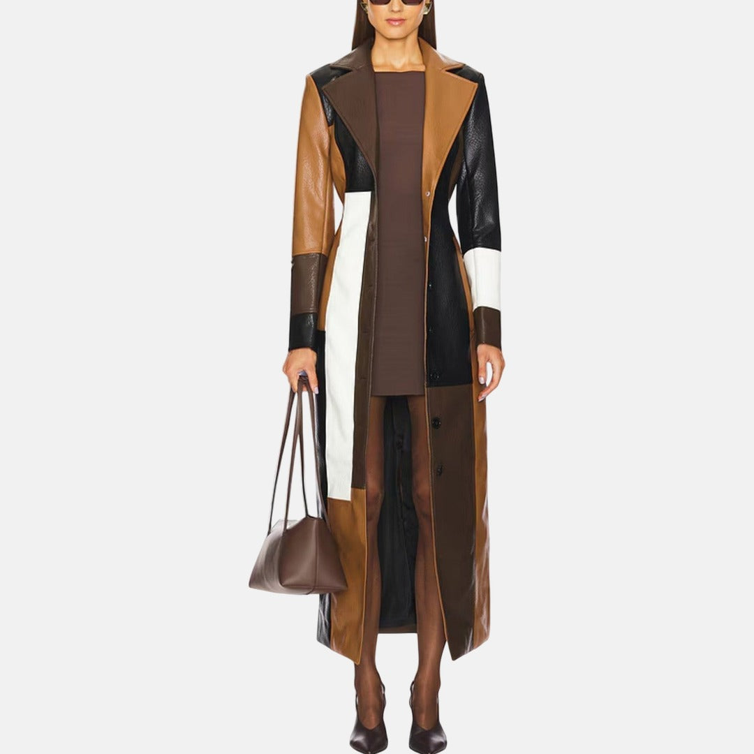 Anouchka – Lang patchworkfrakke med læderlook