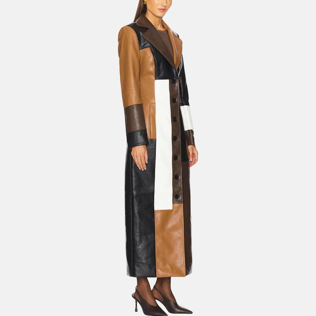 Anouchka – Lang patchworkfrakke med læderlook