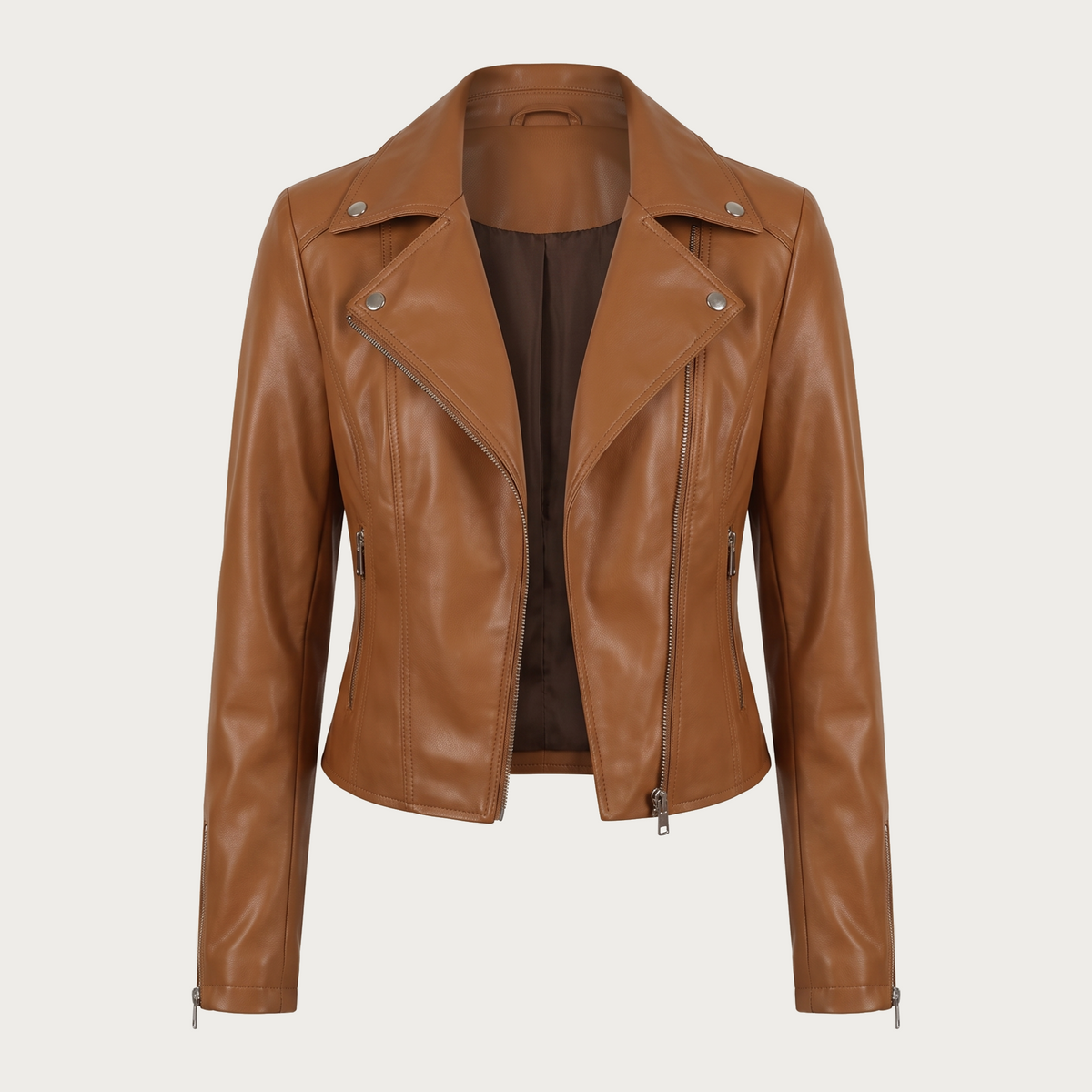 Fabiola | Camel bikerjakke med brede revers