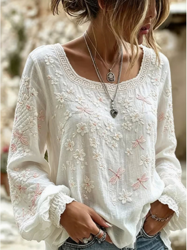 Liva™ | Bluse med guldsmede- og blomsterbroderi