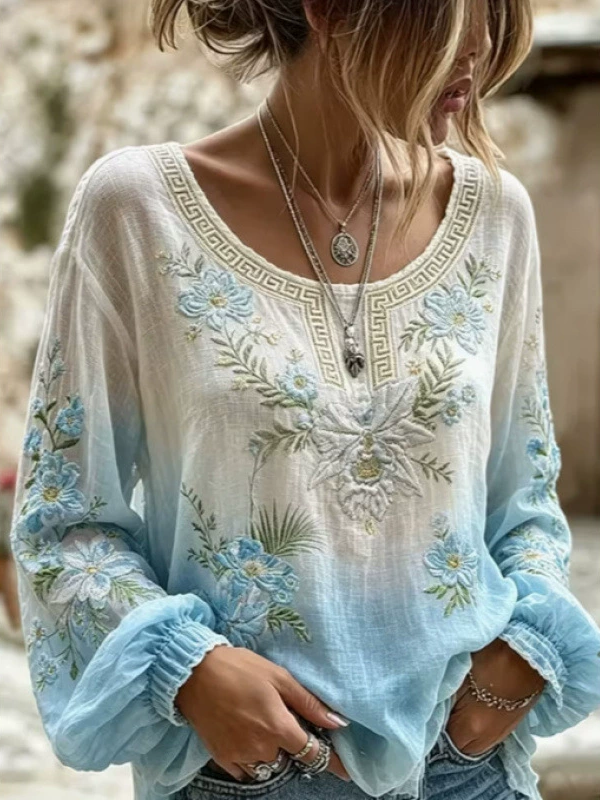 Celeste™ | Ombré-bluse med blomsterbroderi