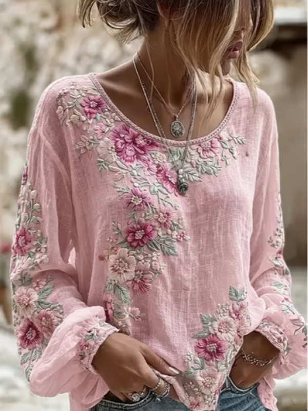 Rosalind™ | Blomstret bluse med pink broderi