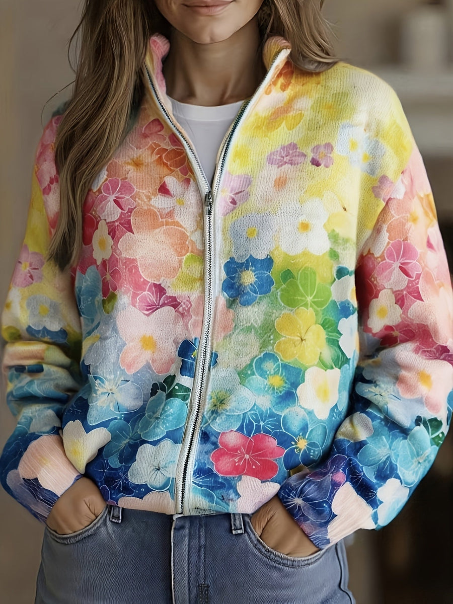 Augusta™ | Cardigan med akvarelblomster, ombré og lynlås