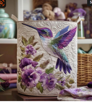 Polstret kurv med kolibri blandt blomster