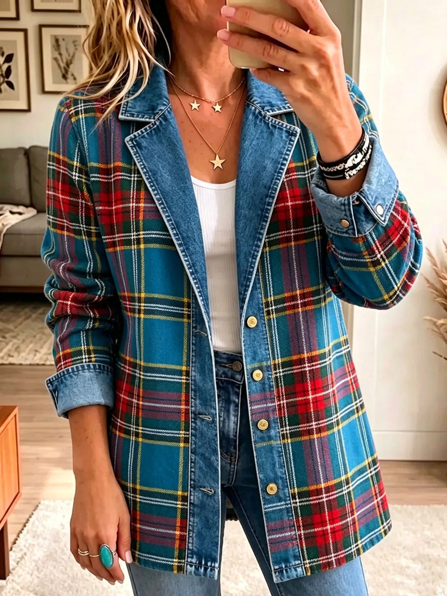 Grace | Ternet denimblazer med patchwork til kvinder