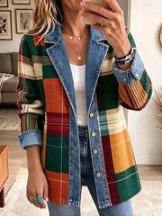 Ella | Retro afslappet denimjakke med kunstnerisk ternemønster
