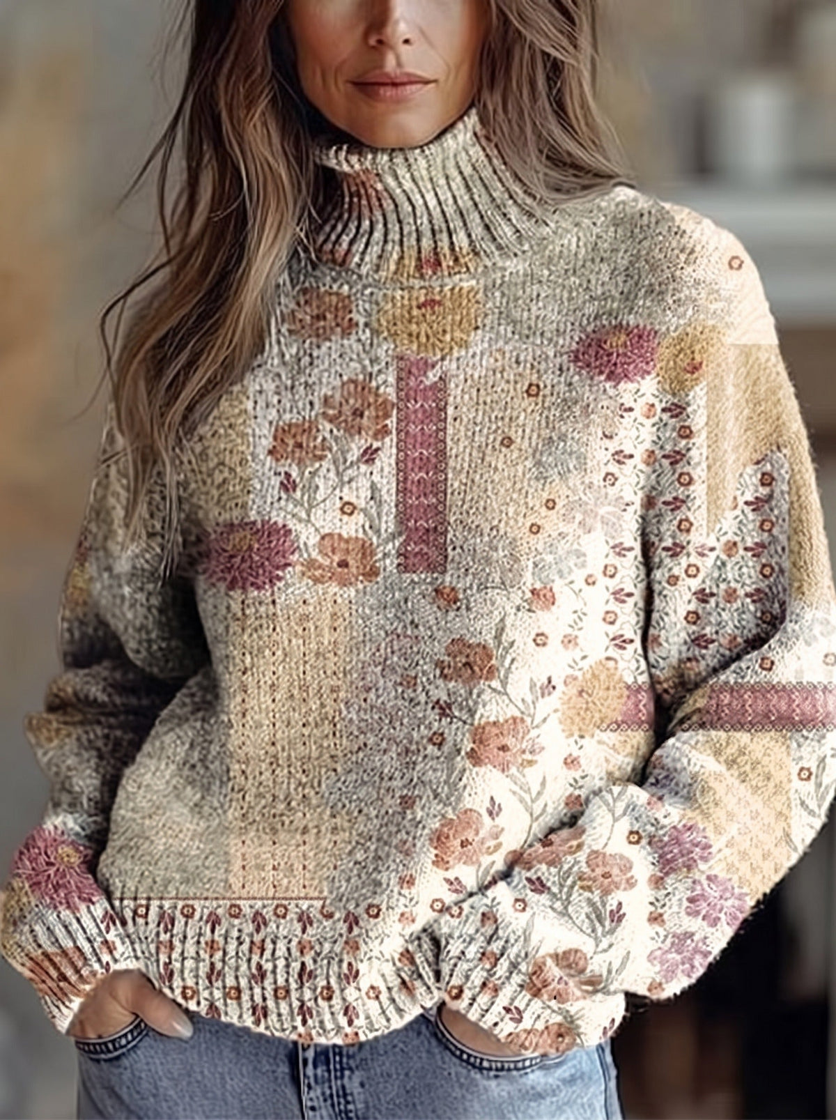 Linnea | Rullekravetrøje med patchworkhave