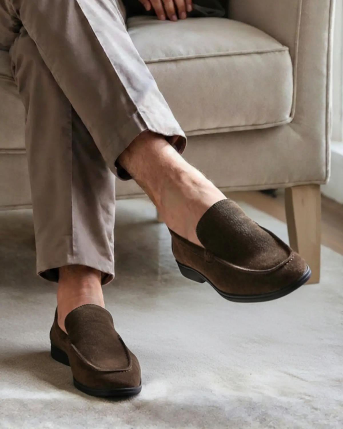 Ruskindsloafers med sorte såler