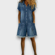 Joan | Vintage korte overalls i bomuld med denimlook