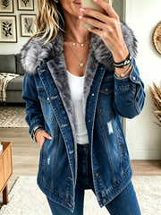 Honora – Denimjakke med imiteret pelskrave og fleecefor