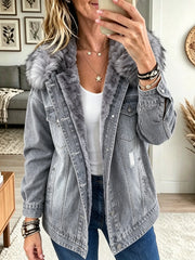 Honora – Denimjakke med imiteret pelskrave og fleecefor