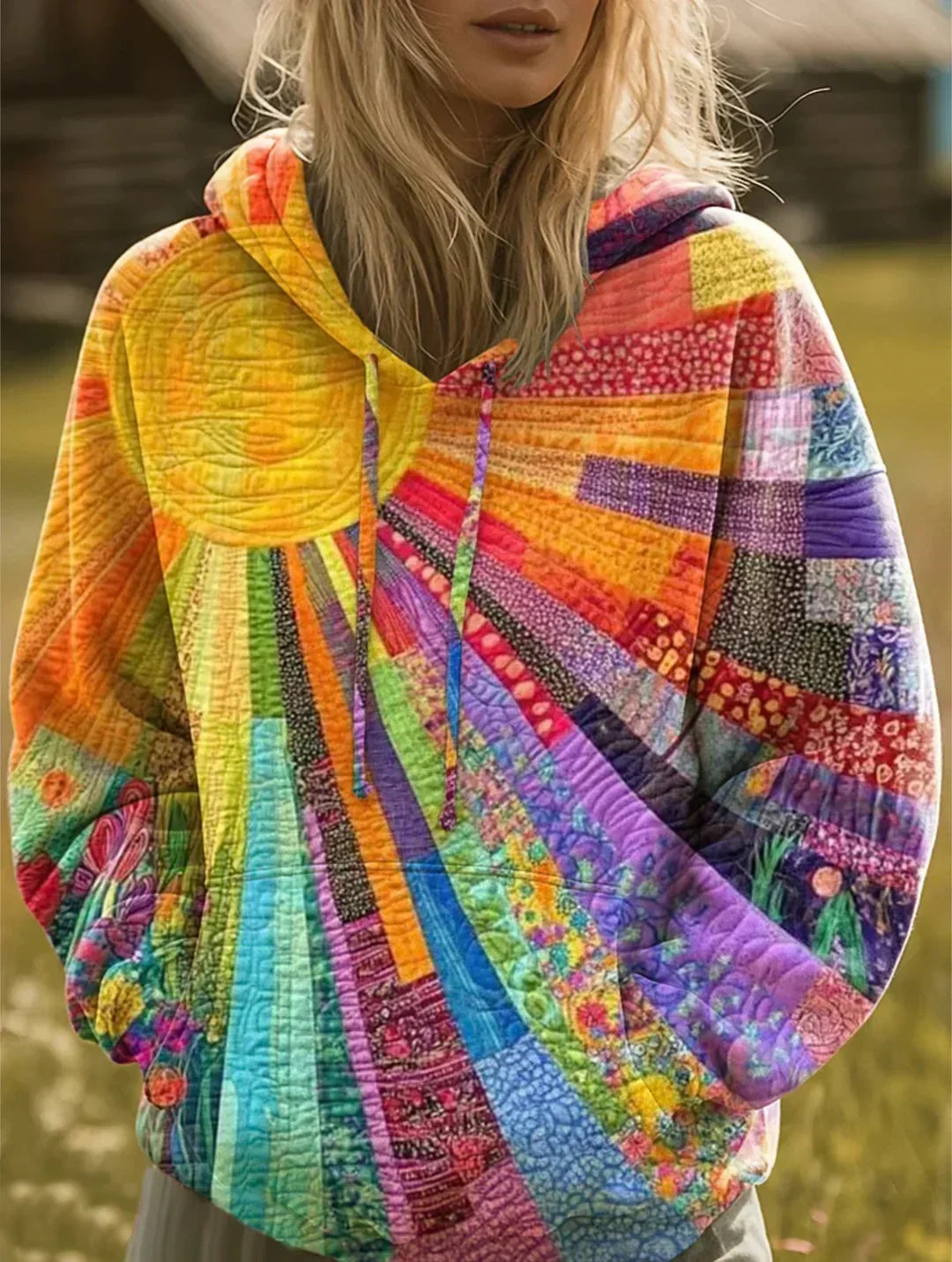Dawnella™ | Boho-hættetrøje med farverigt patchwork