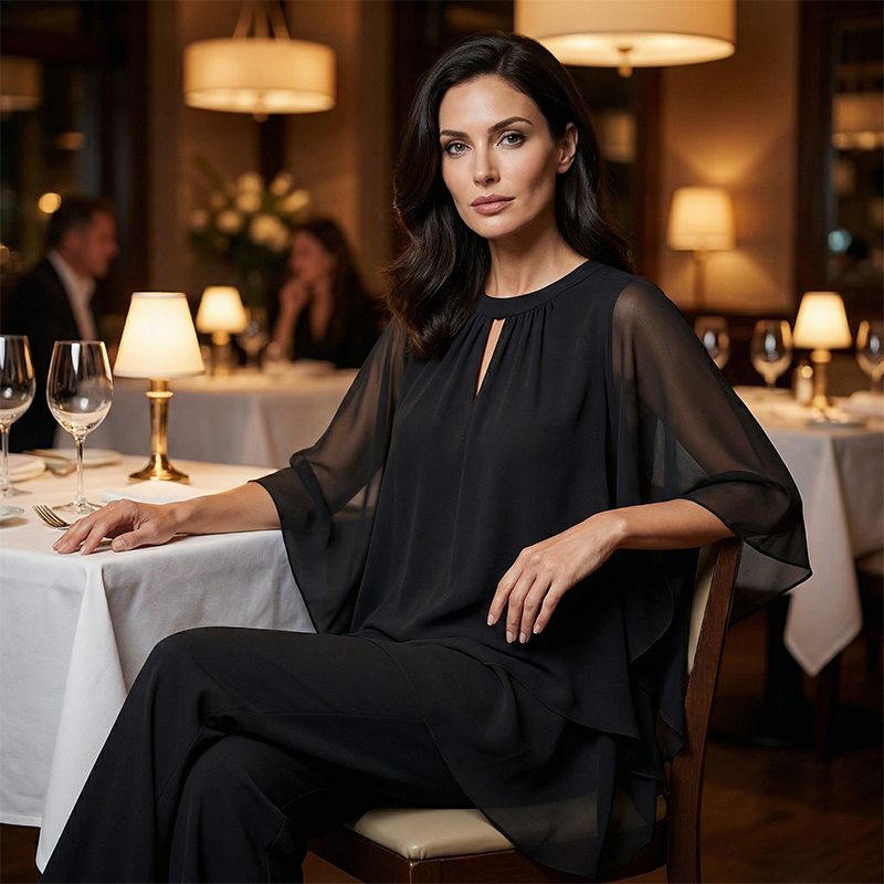 Jeannine | Sæt med asymmetrisk lagdelt bluse og bukser med vide ben