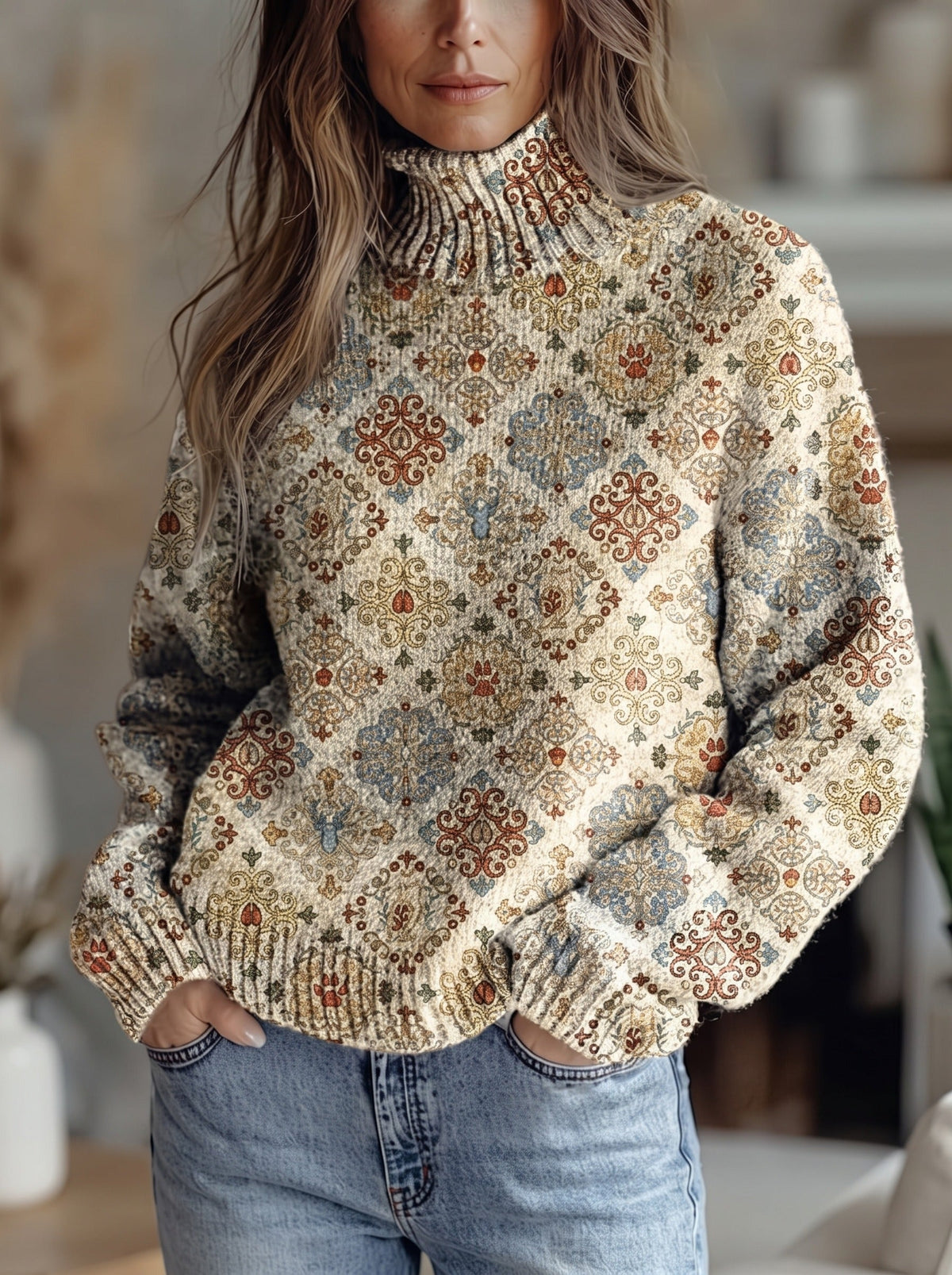 Wilhelmina | Rullekravetrøje med fliseinspireret damask